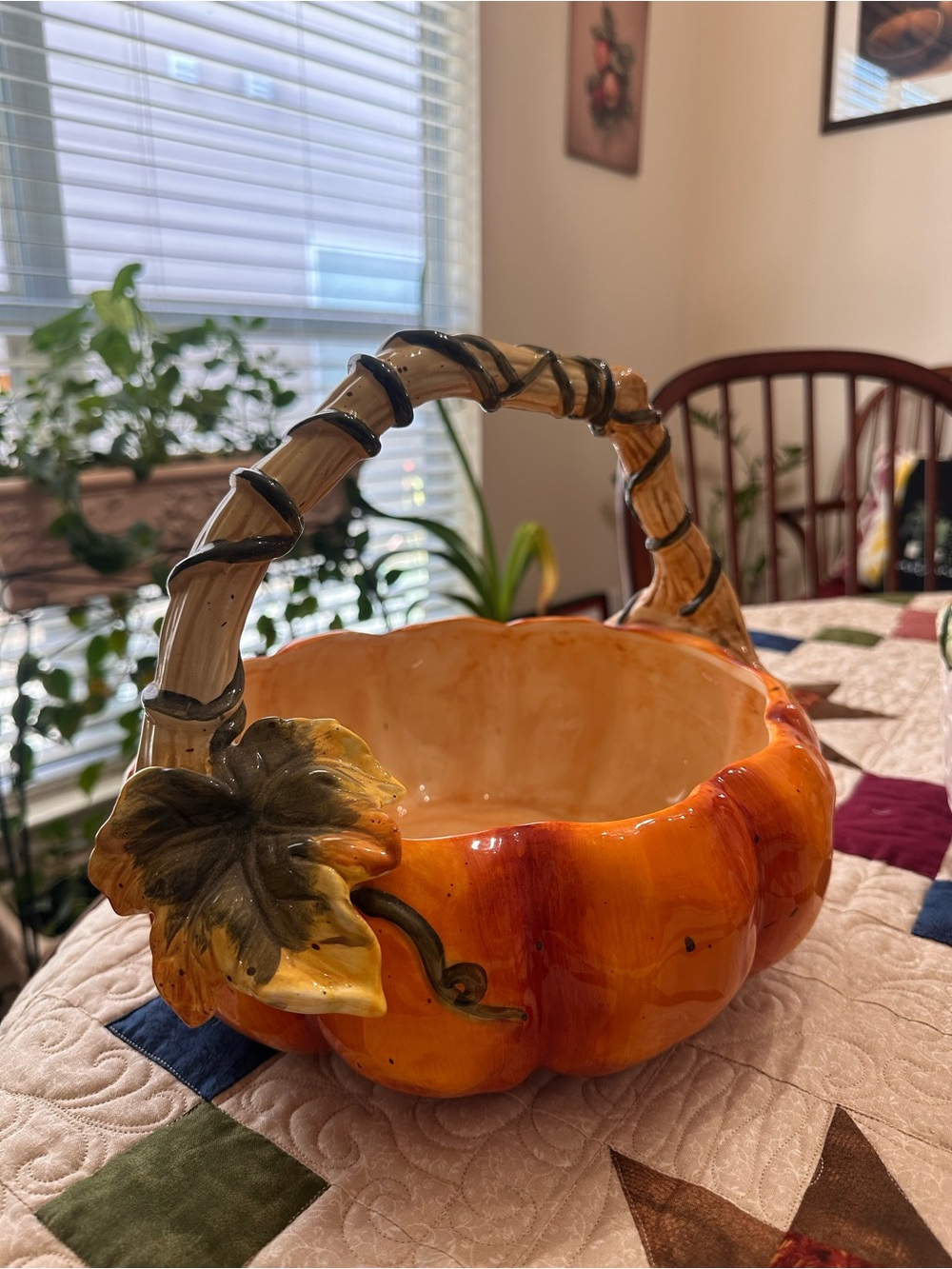 Hand-Painted Orange Ceramic Pumpkin Basket with Leaf Accent